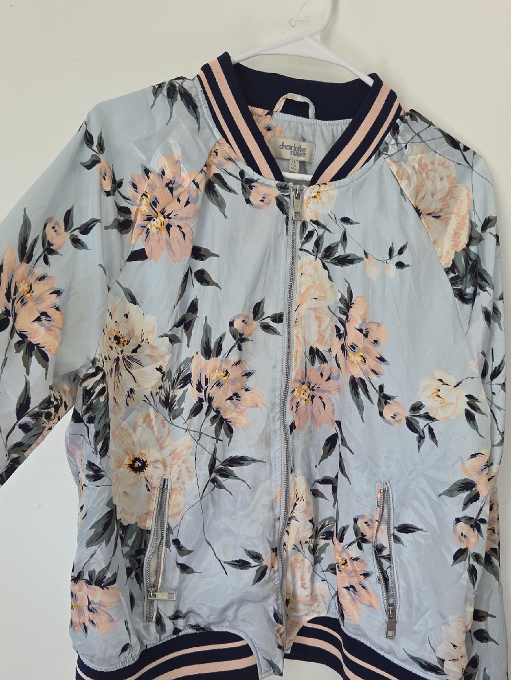 Charlotte Russe Pastel Blue Floral Bomber Jacket